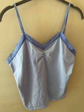 Vintage nylon Lace Trim cinch bodice cami Tank dusty blue size XL